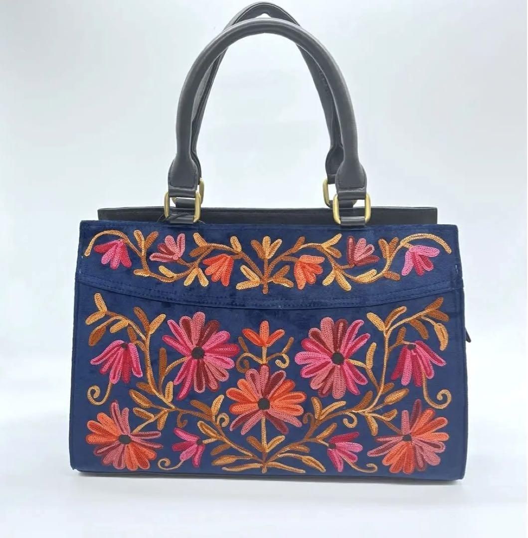 オリジナル 花柄手刺繍 ハンドバッグ 鞄 ベルベット牛皮 レディース 