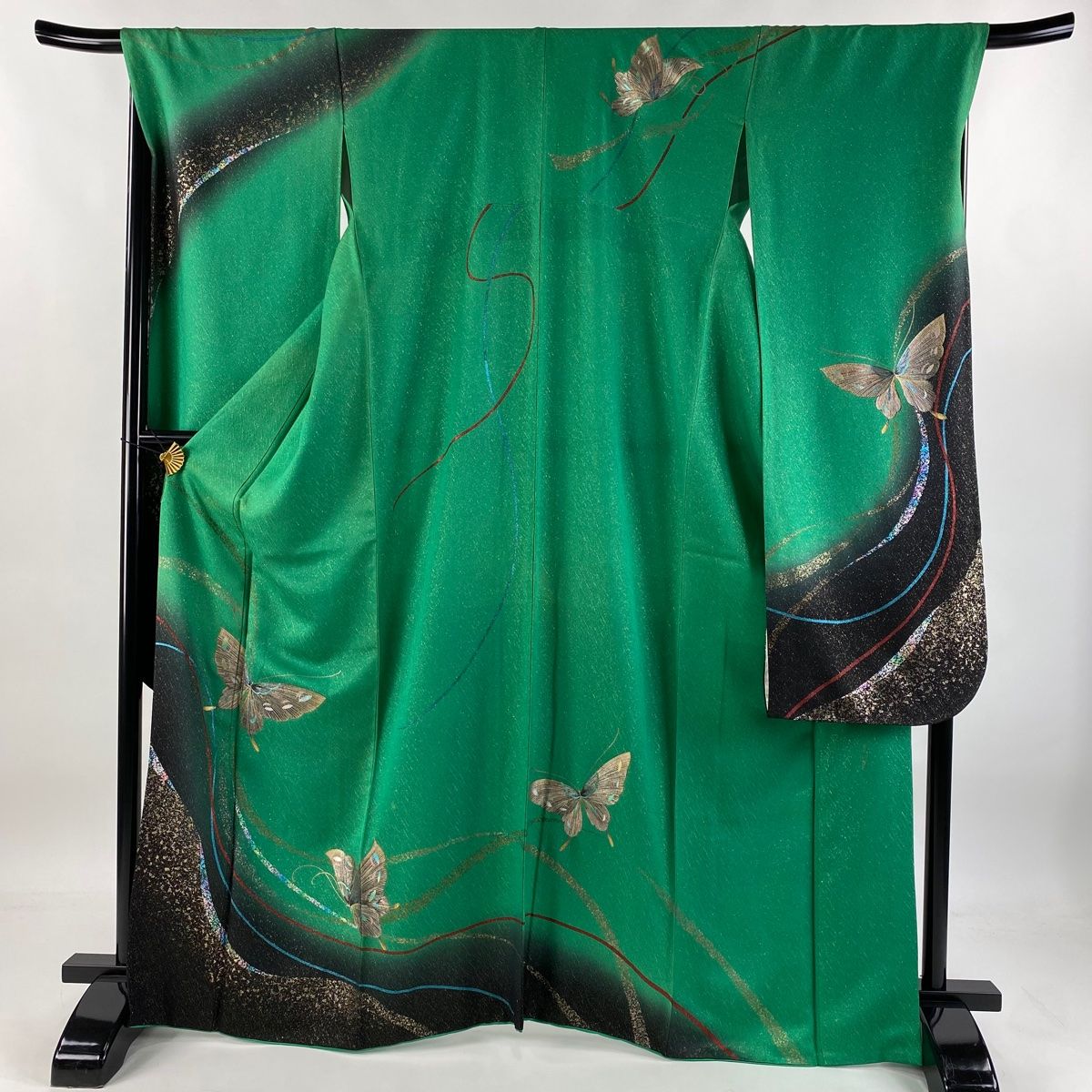 振袖 身丈166.5cm 裄丈69cm L 袷 森英恵 落款 蝶 金通し 金彩 緑 正絹