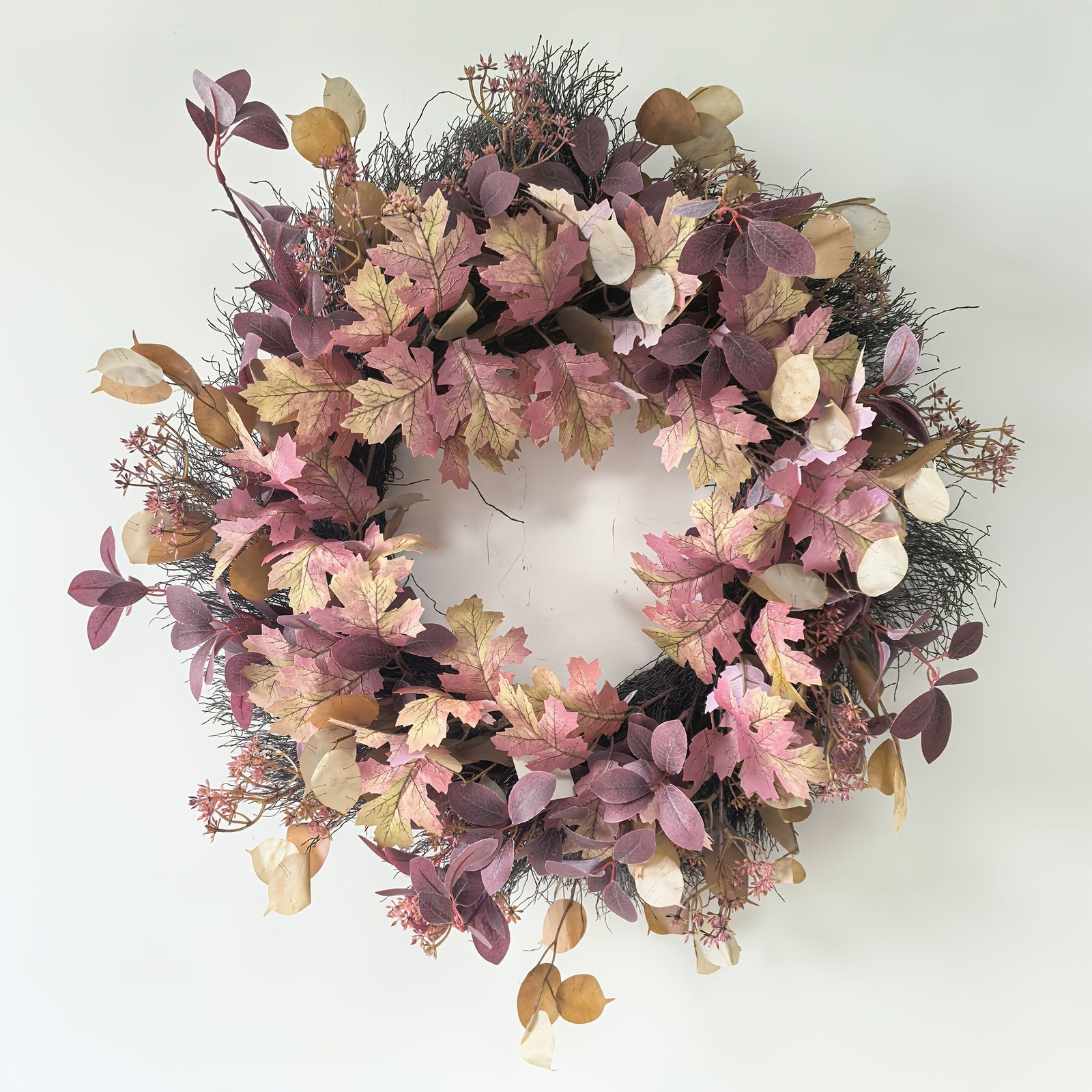 全天候対応 大型 24インチ リアルな赤い紅葉リース - 感謝祭 ハロウィン クリスマスに最適 農家風玄関 マントルピース飾り メンテナンス不要 耐久性抜群の秋の装飾