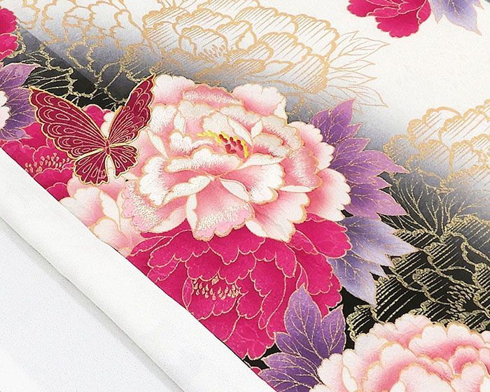 振袖 正絹 牡丹 桜 蝶々 身丈165.5cm 裄丈66cm 中古 リサイクル