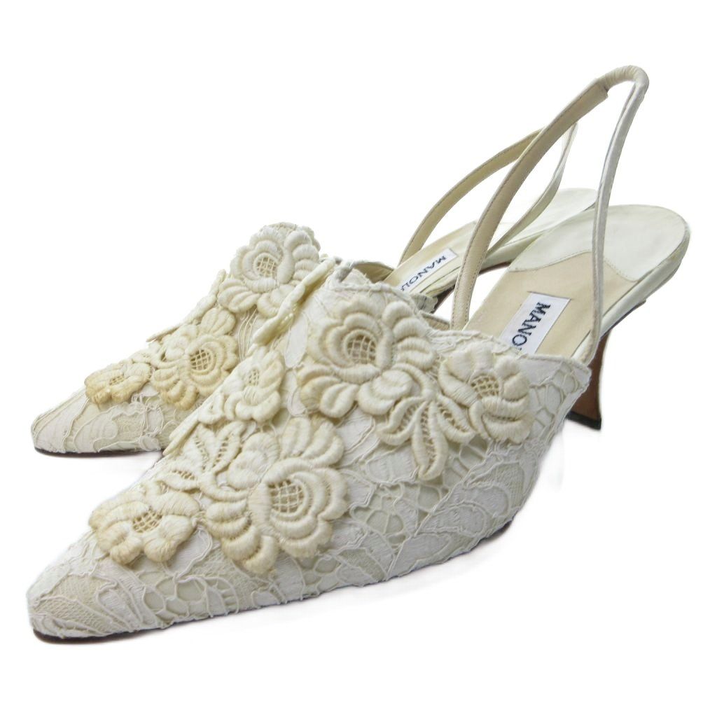 マノロブラニク MANOLO BLAHNIK ミュール サンダル フラワー刺繍 ヒール 白系 ホワイト系 37 約24cm IBO79