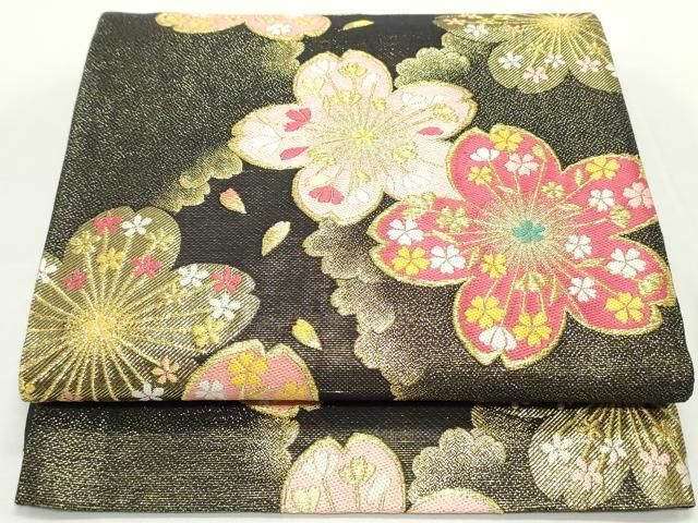 唐織　満桜文 平和屋着物○六通柄袋帯 唐織 雲取り舞桜文 黒地 金糸 正絹 逸品