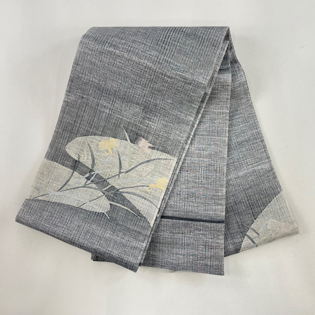 袋帯 美品 秀品 夏帯 鷺草 灰色 お太鼓柄 正絹 中古 袋帯 美