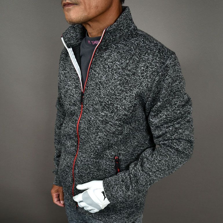新品 カラーZIPフリースフルジップゴルフジャケット/杢ブラック