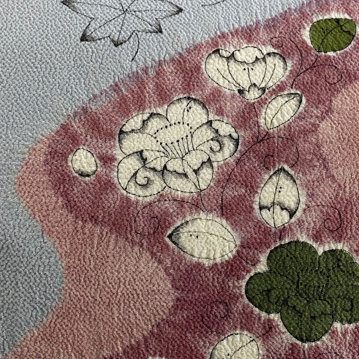 開き名古屋帯 秀品 椿 霞 縮緬 青灰色 正絹