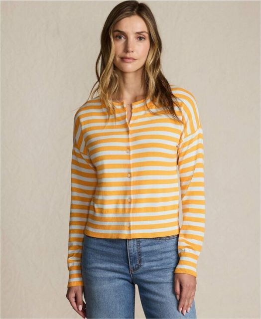 送料無料 ランズエンド レディース ニット セーター アウター Women s Cropped Fine Gauge Crew Neck Cardigan Sweater Sweet mango|ice blue breton