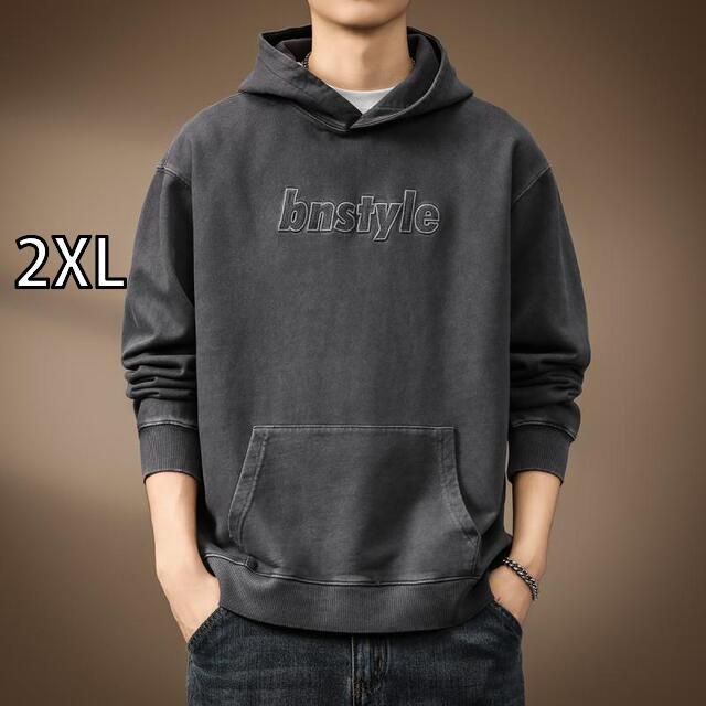 [2XL ]秋冬 コーデ メンズ  服 シンプル ファッション オシャレ 大人 かっこいい 大きいサイズ ストリート 紳士服 ハイエンド 厚手 380 グラム フード付き スウェットシャツ ゆったり スキニー ウォッシュド プルオーバー 長袖