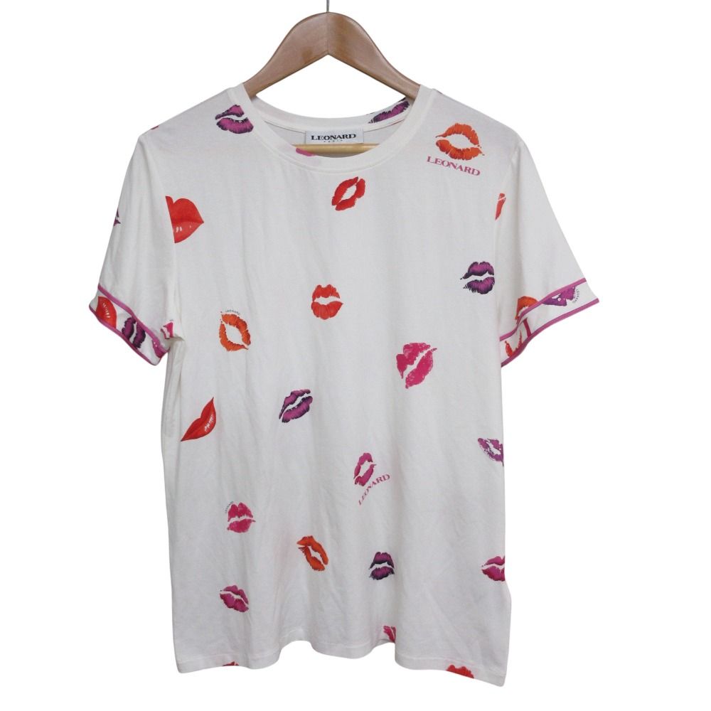LEONERD レオナール リッププリント ストレッチ クルーネック 半袖 Tシャツ 38 ホワイト レッド パープル レディース 古着