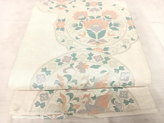 A4 鳳凰模様 金 ススキ 萩 六通 正絹 薄物 夏用 絽 紗 フォーマルな袋帯 袋帯 麗鳳華飾 花鳳凰文様 薄緑色 金糸 六通柄 正絹 フォーマル