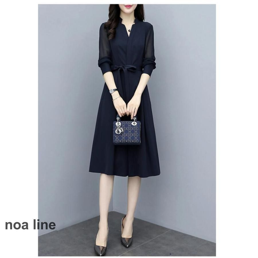 ワンピース レディース 40代50代 春秋 膝丈 長袖 無地 ロング丈 A