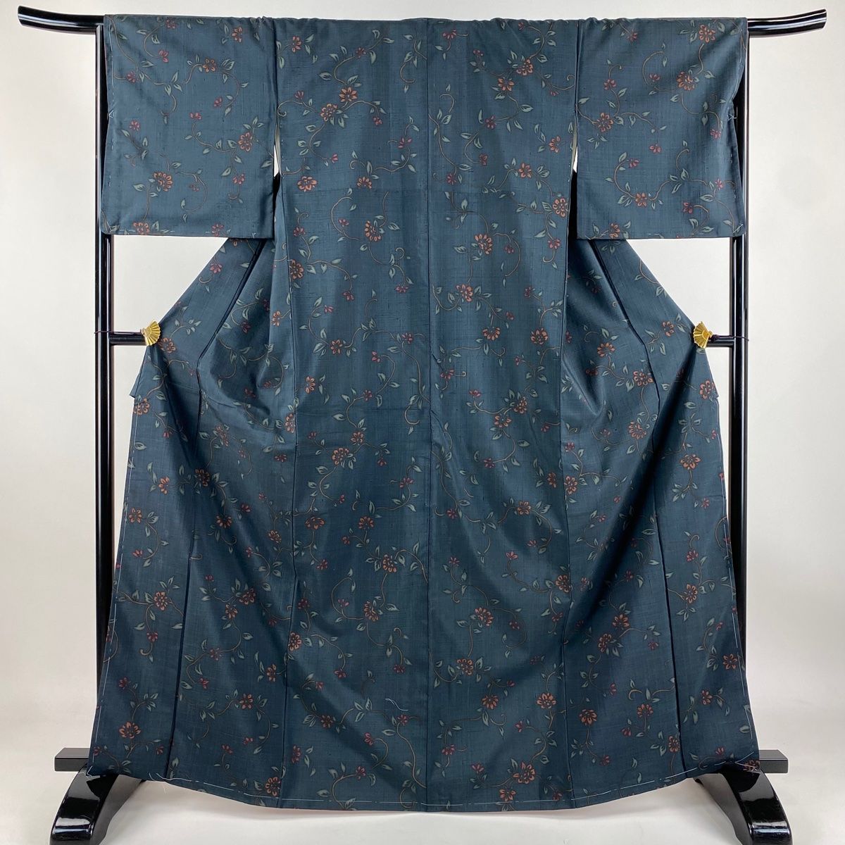 小紋 身丈165cm 裄丈66cm M 袷 紬地 草花 深緑 正絹 秀品