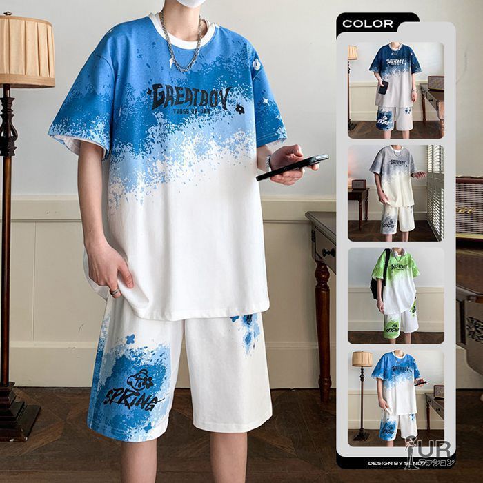 全 セットアップ メンズ 綿 夏 上下セット グラデーション 2点セット 清涼 半袖tシャツ ショートパンツ 切り替え ツ ジャージ 上下 夏物4188