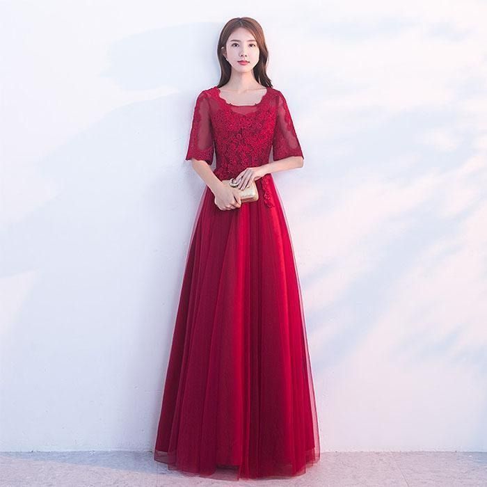 パーティードレス ファスナー カラードレス 発表会 演奏会 ロングドレス フォーマル イブニングドレス 赤 ワインレッド 袖あり ラウンドネック.
