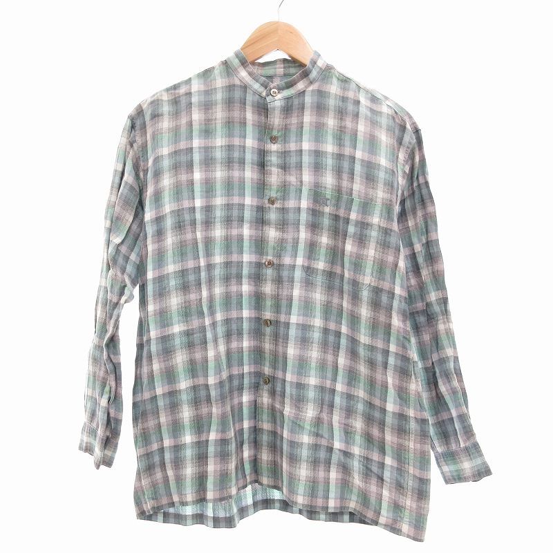 セリーヌ CELINE ヴィンテージ チェックシャツ リネン混 バンドカラー M 緑 グリーン /UO IBO61
