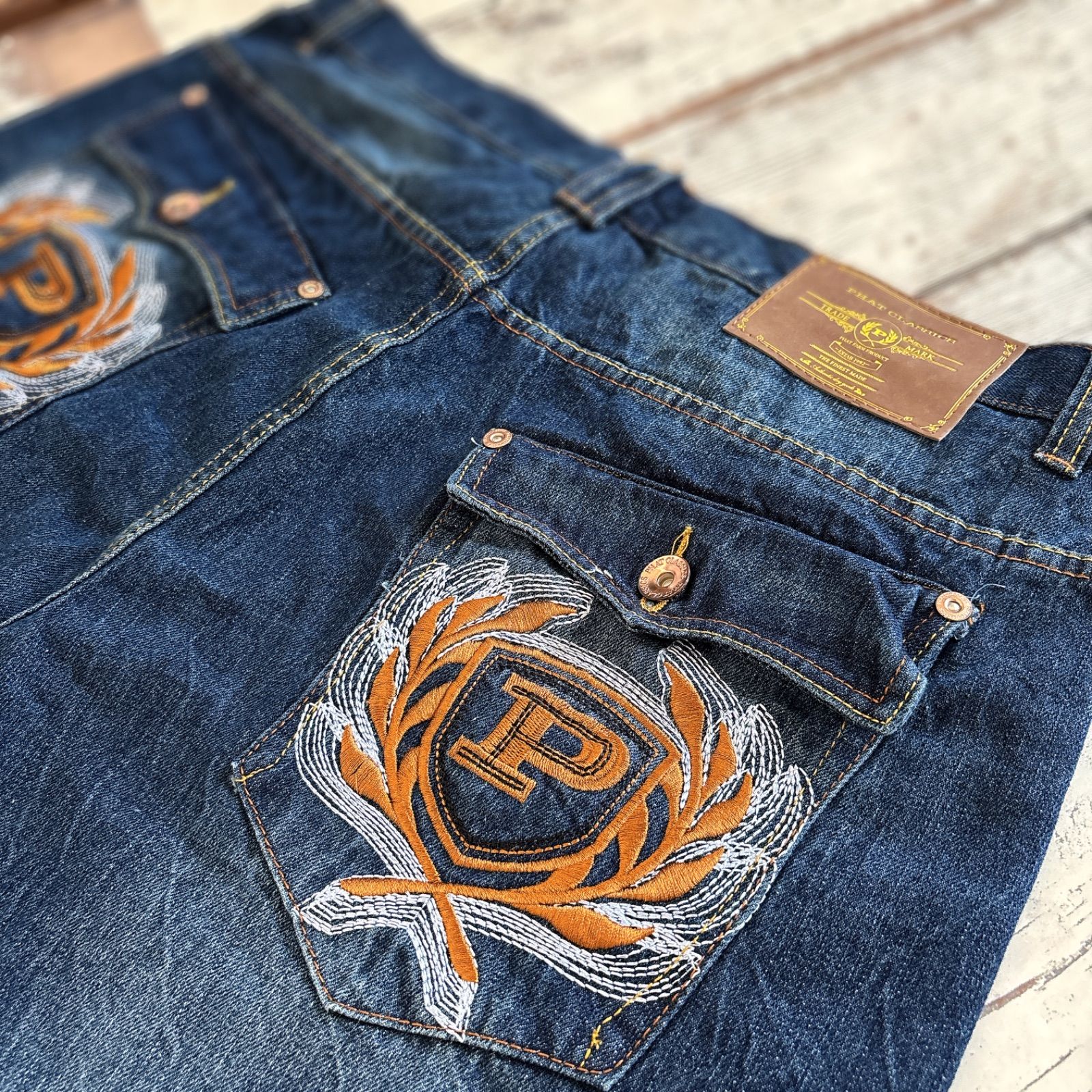 PHAT FARM デニムハーフパンツ インディゴブルー ロゴ刺繍 90s B系 