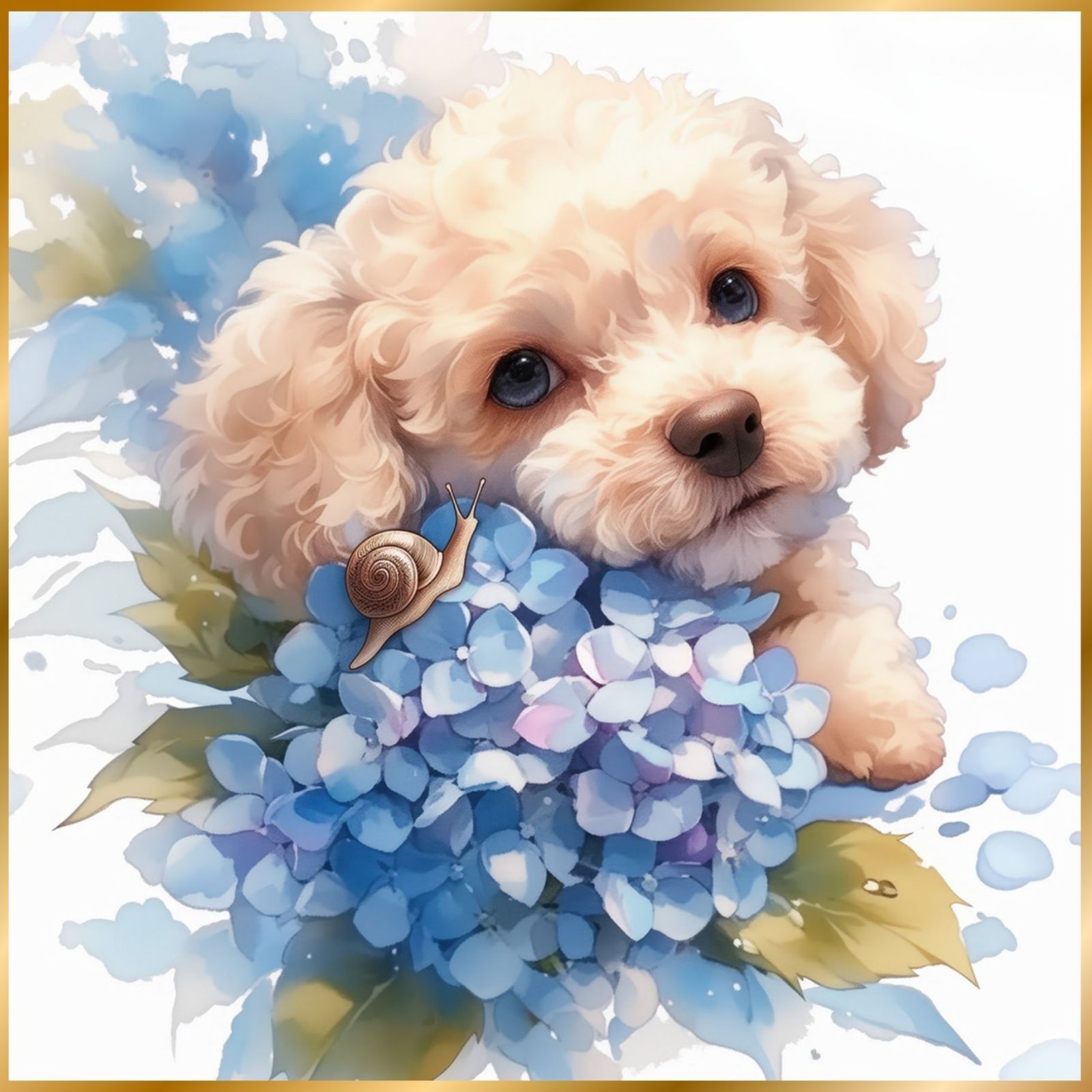 雨犬戯舞 - トイプードル犬の子犬 No.2 アプリコット クリーム 梅雨 季節 時期 紫陽花 カタツムリ 子犬 うちの子記念日 ペットロス アートポスター 犬の絵 犬のイラスト