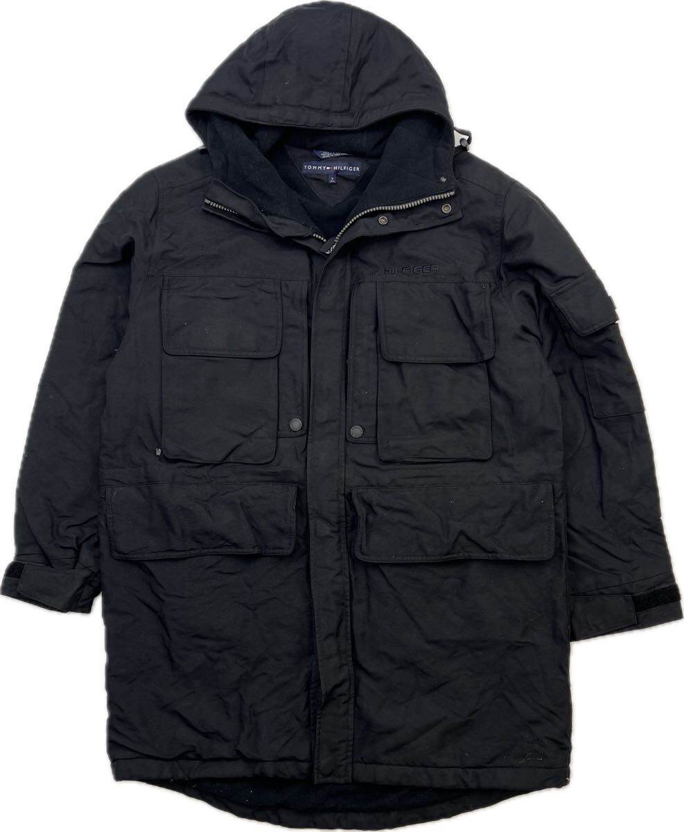 TOMMY HILFIGER  トミーヒルフィガー ブラック 中綿 ナイロン ロング コート メンズ M 秋冬 ミリタリー ワーク アメカジ 古着FF211