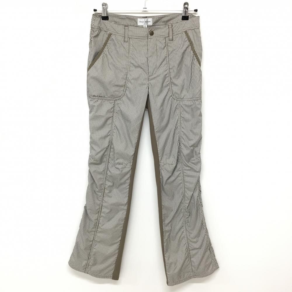 【超美品】ヒールクリーク パンツ 白×ブラウン チェック 内側切替  レディース 42(L) ゴルフウェア Heal Creek