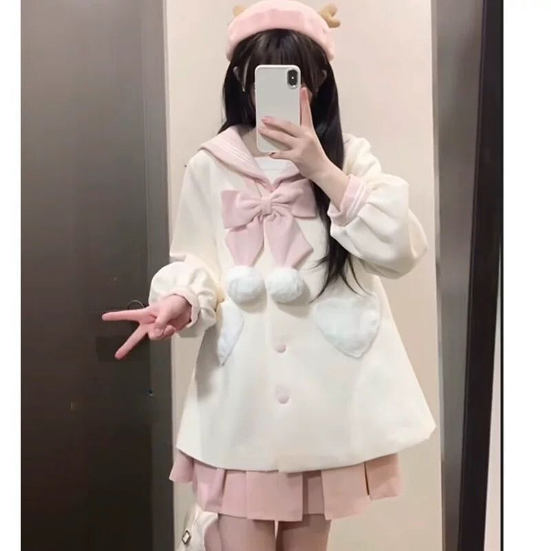 ベビーピンク セーラー風ふわコート カーラー アウター サブカル系 ファッション 甘ロリ アウター 服 天使界隈 秋 冬 フード