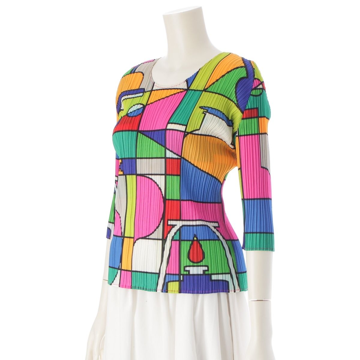 プリーツプリーズ イッセイミヤケ 理科実験室 七分袖 カットソー トップス PP81-JK633 マルチカラー 3