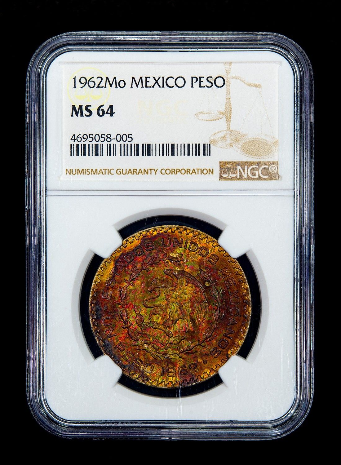 1962Mo Mexico Peso Silver Coin NGC MS64 Rainbow Toned Incredibe Terminal Toning