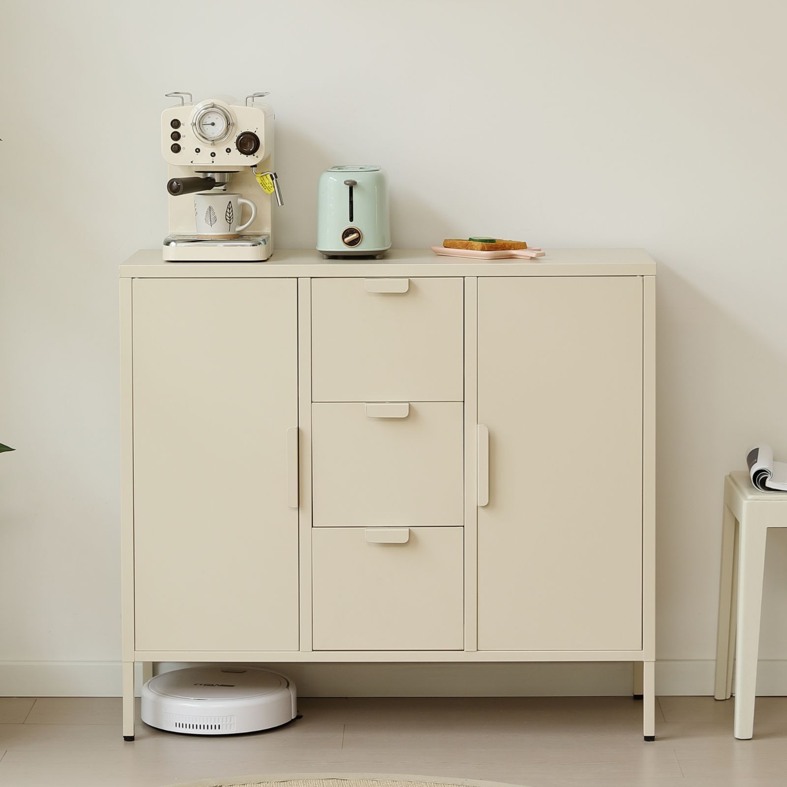 ｘ キャビネット スチール サイドボード メタル 金属製 扉付き 引き出し付き テレビ台 収納棚 おしゃれ リビング モダン 棚 スチールチェスト 書類 韓国インテリア 扉 金属製キャビネット 引き出し 可動棚 BEIGE