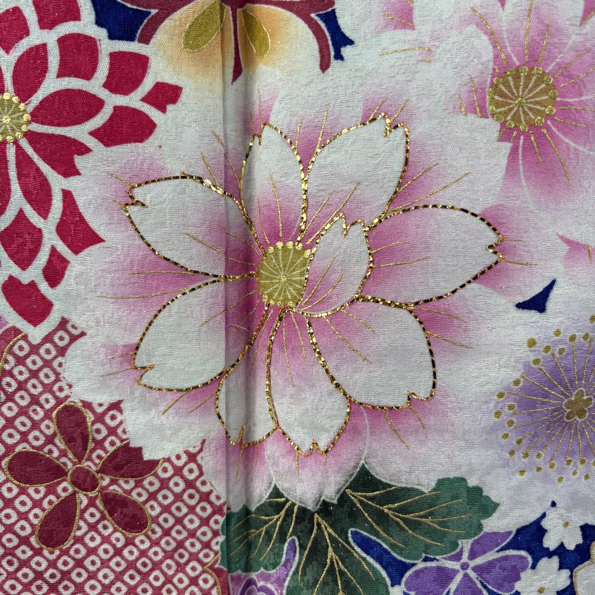 振袖 身丈171cm 裄丈69cm L 袷 桜 菊 箔 銀通し 青紫 正絹 逸品