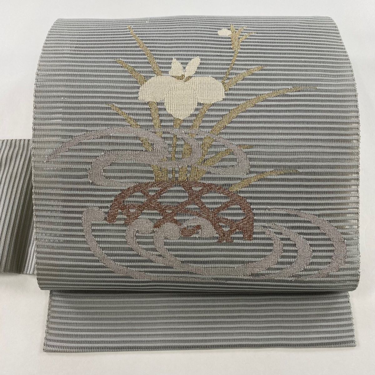 名古屋帯 秀品 夏帯 菖蒲 流水 金銀糸 青灰色 正絹