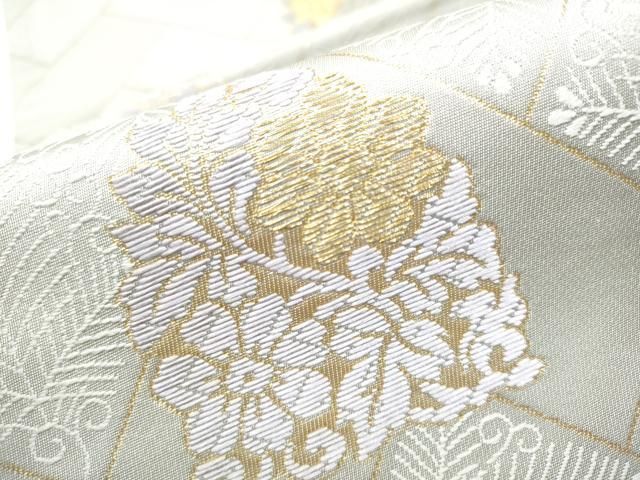 袋帯 六通 金糸 花文 正絹 ホワイト 上品 袋帯 花柄織模様