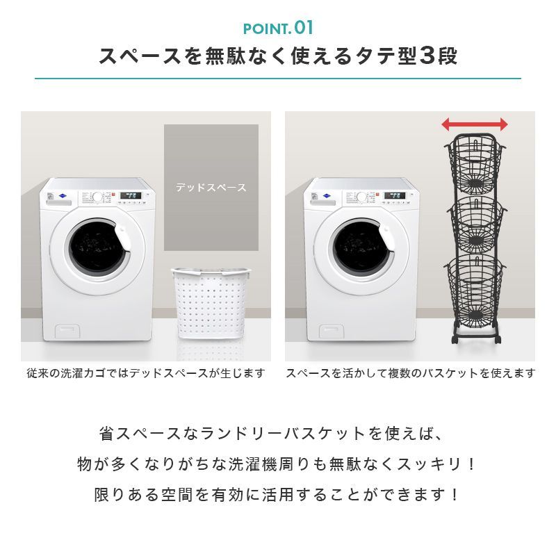 送料無料】ランドリーバスケット スリム 3段 キャスター 大容量 53L