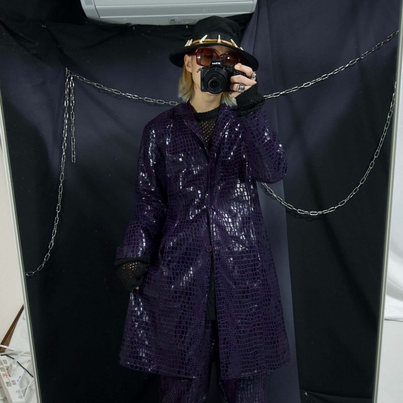 90s PVC Leather Crocodile Setup Tailored Long Coat Baggy