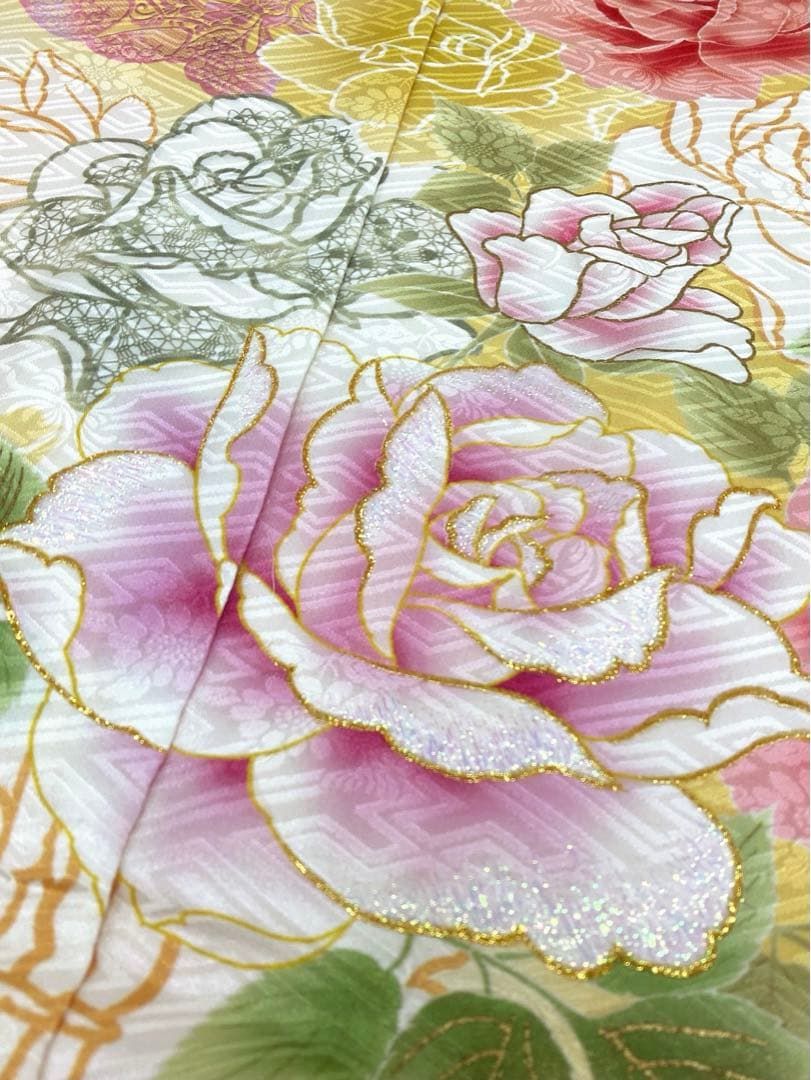 振袖 仮絵羽 ラメ刺繍 金彩 紋意匠 薔薇 正絹 未仕立て品 八掛付き