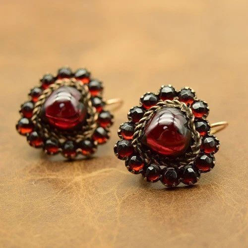 [No Brand] Vintage Garnet Heart Motif Earrings Metal Rose Gold Color Almandine Garnet Approx 7.58g [Used] F012