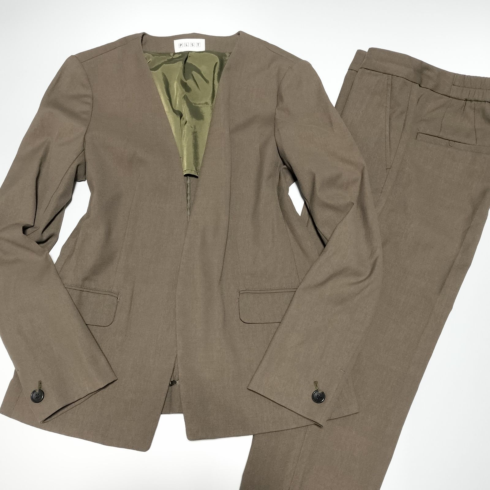 極美品 PLST プラステ セットアップ パンツ スーツ ノーカラー 洗える 美品】PLST リネンブレンド ノーカラー パンツスーツ