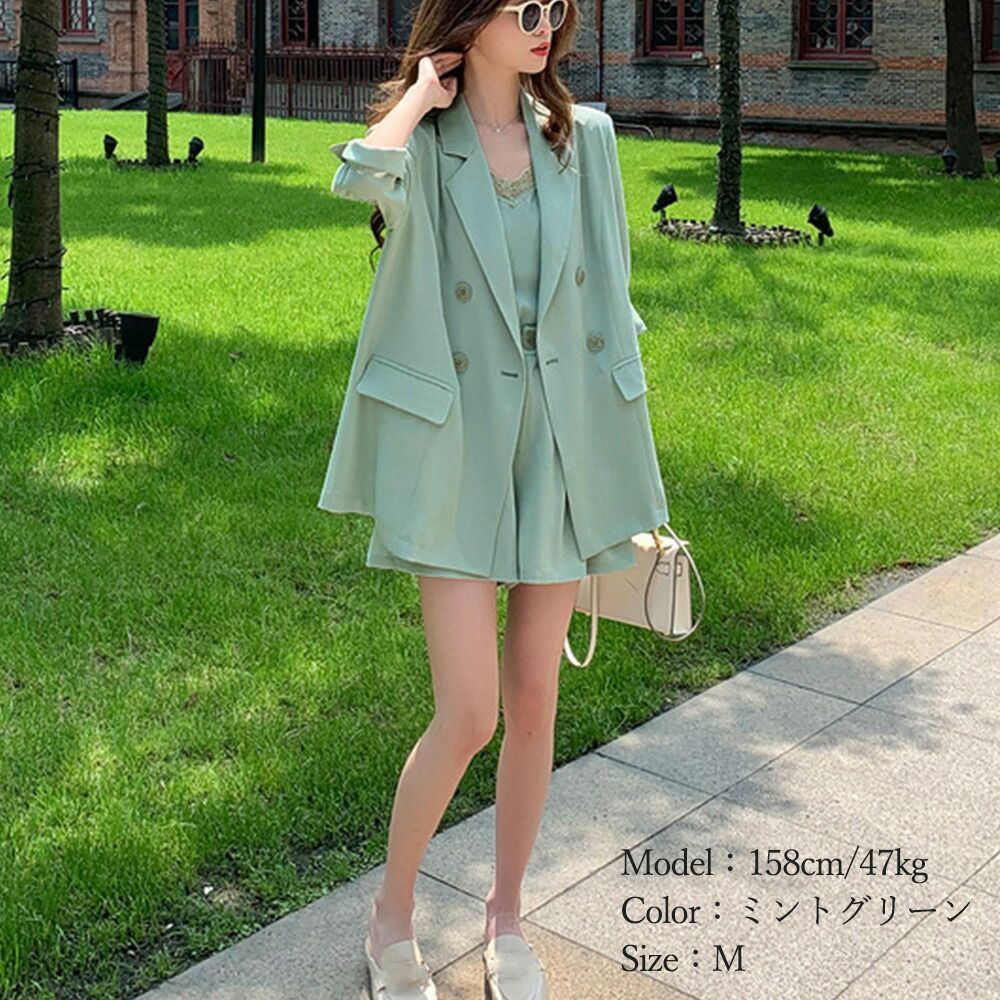 セットアップ レディース 春夏秋 7分袖 キャミ タック入りショートパンツ ジャケット ポリエステル ピンク6354101 WWW_MORNINGWALKER_COM