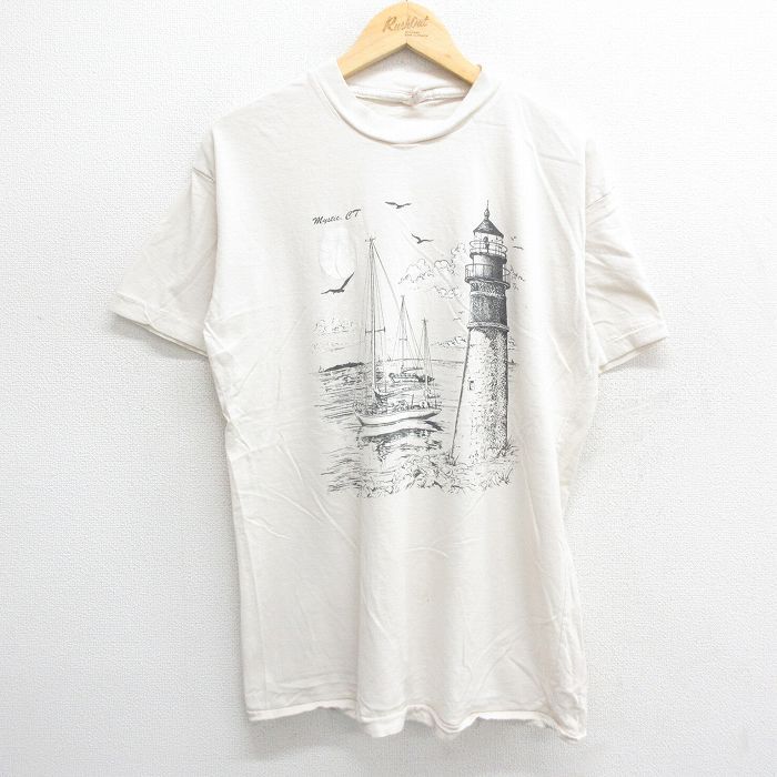 L/古着 半袖 ビンテージ Tシャツ メンズ 90s 灯台 船 コットン クルーネック 薄ベージュ カーキ 24jun06 中古