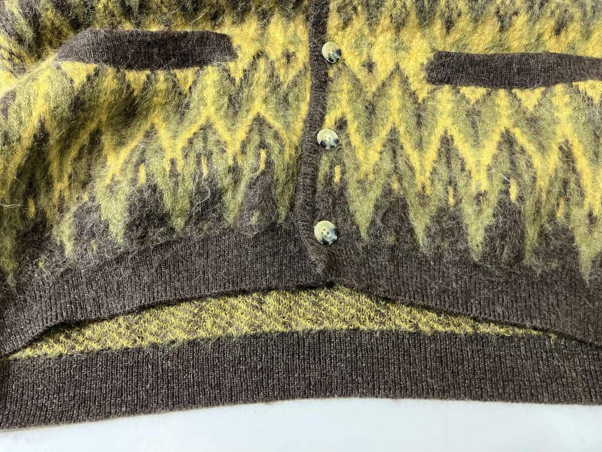 喜んでくれる BEAMS ビームス Cardigan カーディガンDouble Jacquard ダブルジャカード Chevron Pattern シェブロン パターン ブラウン イエロー サイズL