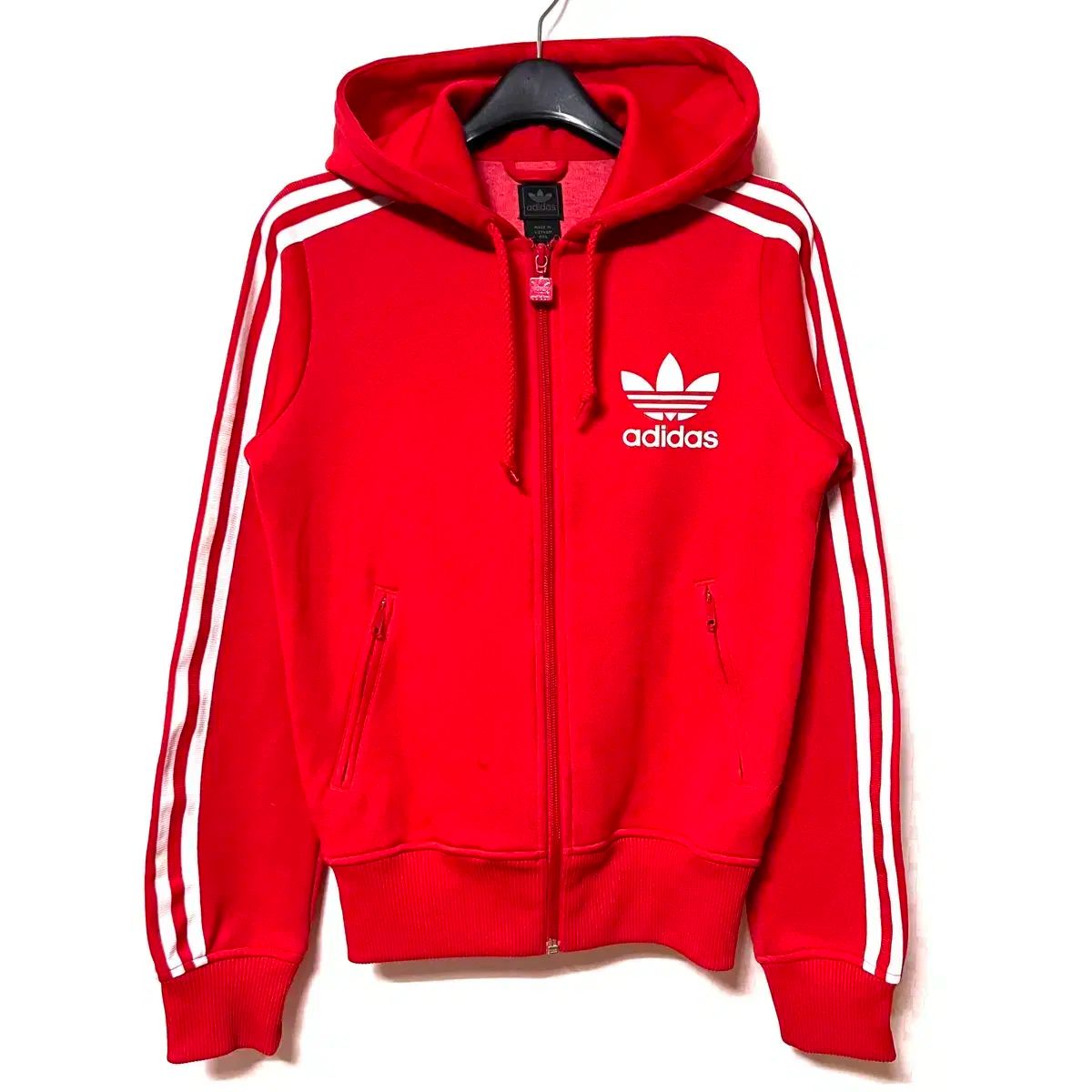 XS 85 adidas アディダス レディース 3本線 ジップアップパーカー フード付き 赤
