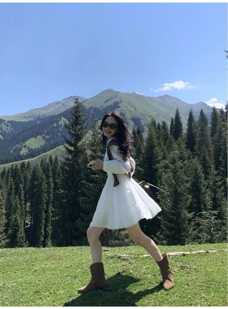 韓国風ふわ可愛いレースドレス ひざ丈ワンピース夏秋用