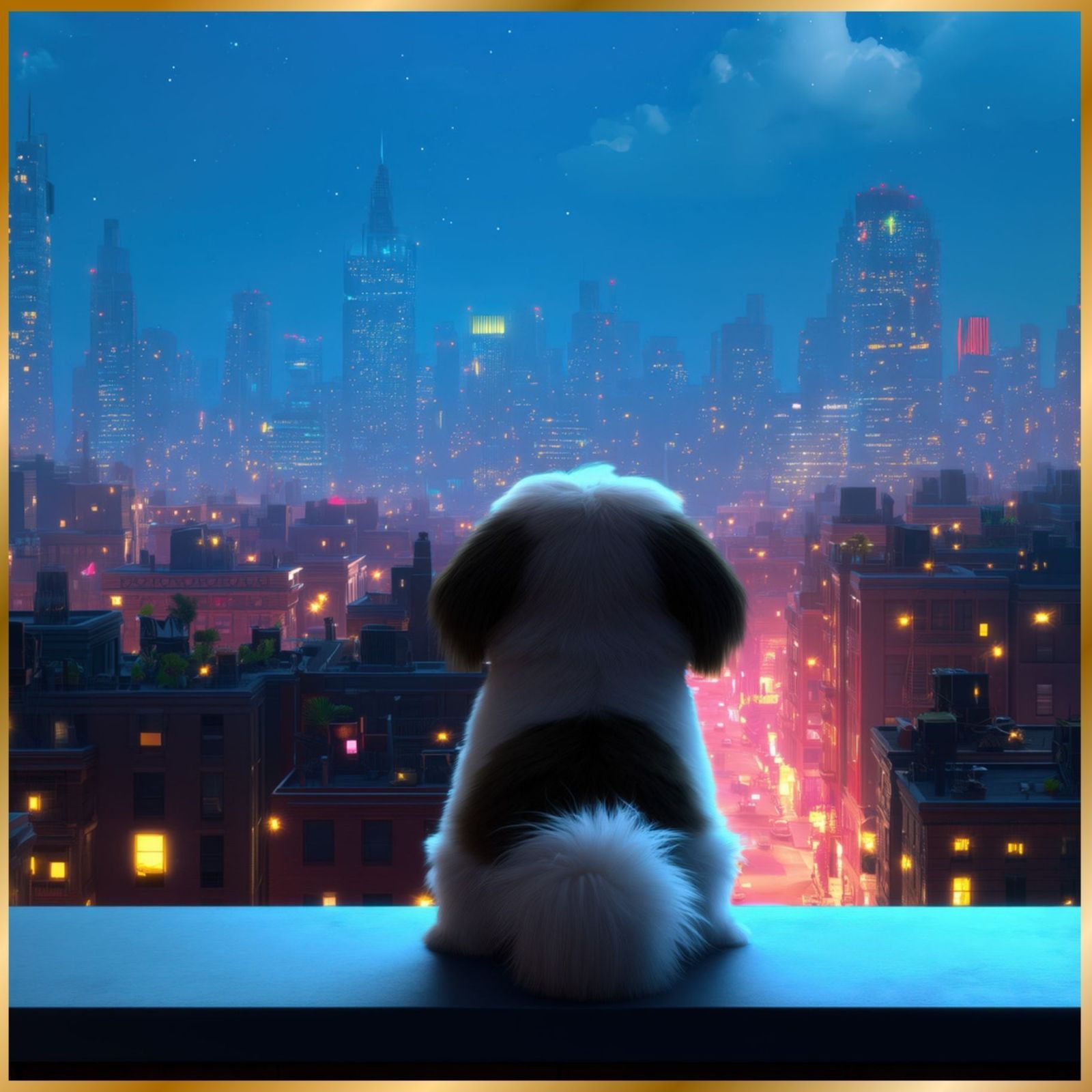 Luna and New York City - シーズー犬 夜景 ニューヨーク マンハッタン シティー インテリアアート ペットロス うちの子 記念日 アートポスター 犬の絵 犬のイラスト ギフト プレゼント