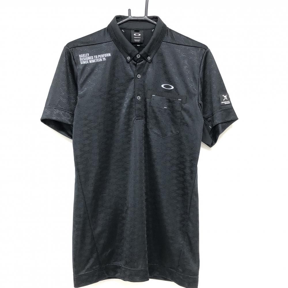 超美品】オークリー 半袖ポロシャツ 黒 ダイヤ柄地模様 ボタンダウン