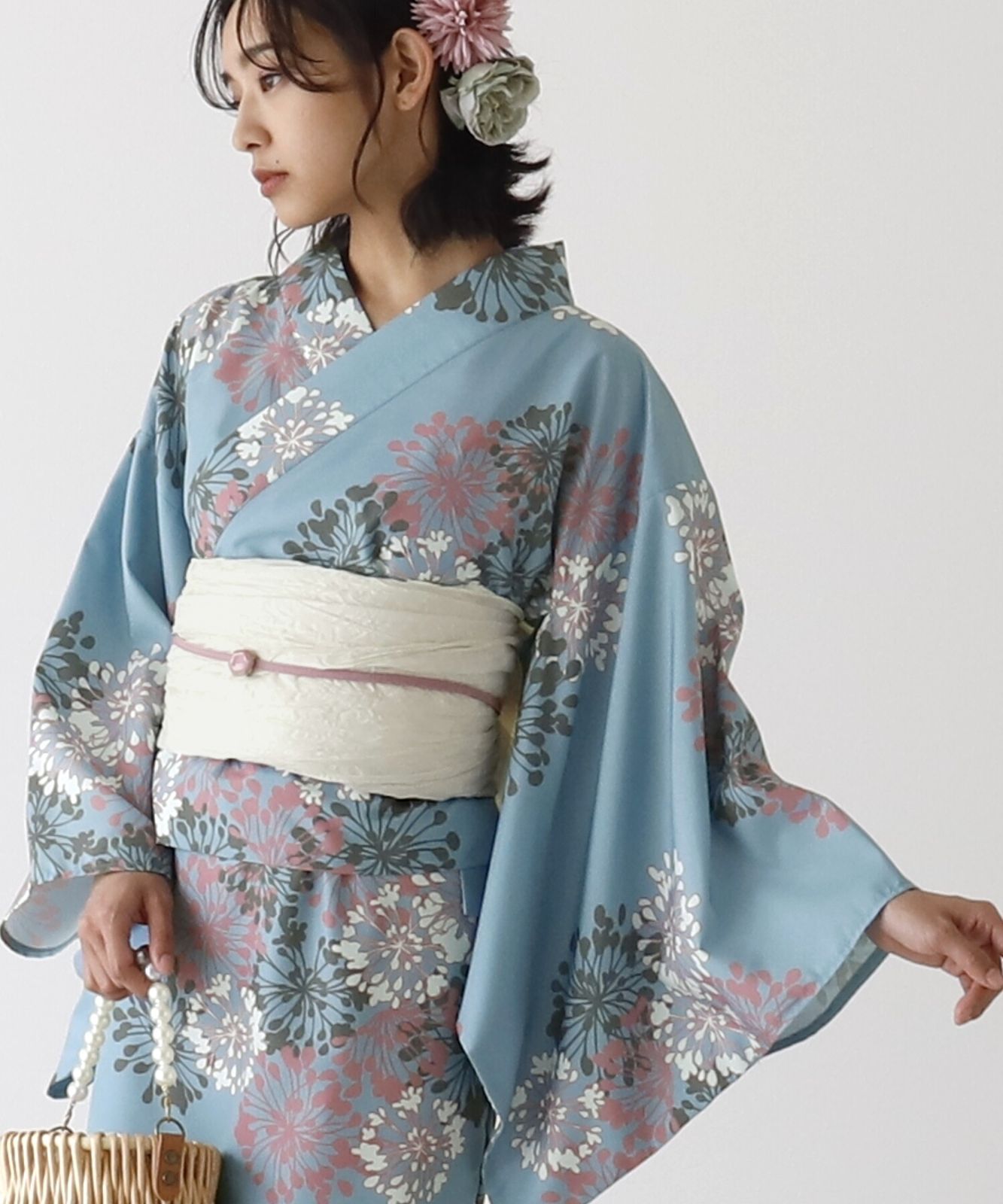 L つぼみくすみブルー 浴衣 レディース 浴衣セット ワンピース浴衣3点セット ワンピース 上衣 兵児帯 |大人ワンピース浴衣 大人 ワンピース浴衣