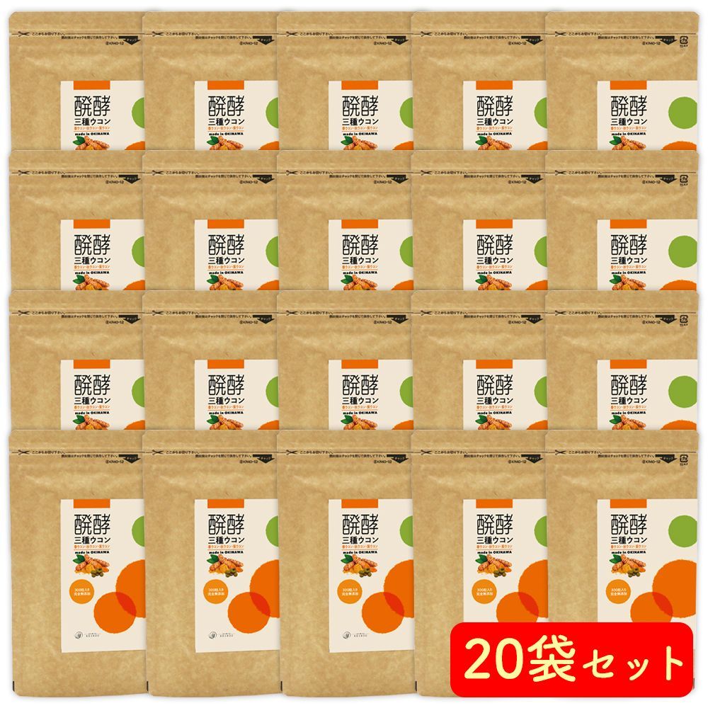 ウコン サプリ 錠剤 発酵ウコン 醗酵三種ウコン 300粒 1ヶ月分 20袋セット 無添加 春ウコン 秋ウコン 紫ウコン ガジュツ サプリメント 沖縄県産 無農薬 お酒 クルクミン 肝臓 健康 アルコール 二日酔い おすすめ 飲み方 ダイエット