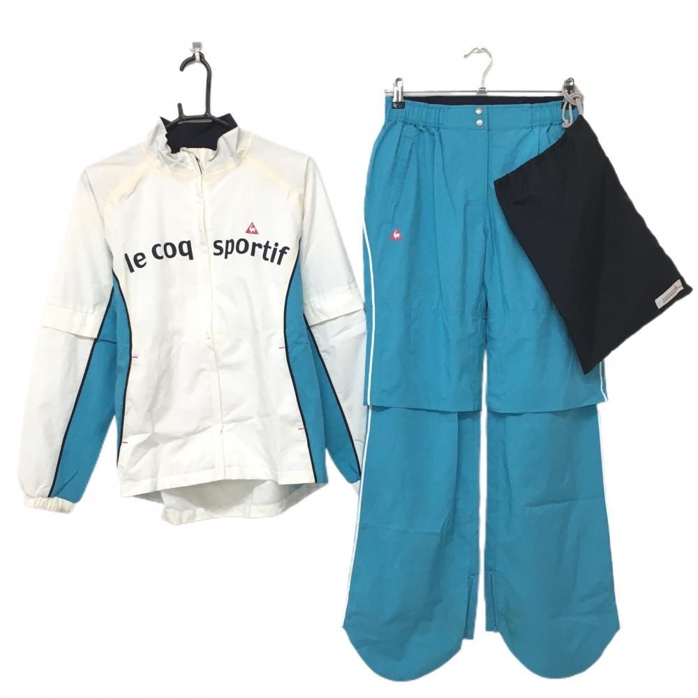 高品質，正規品 ★特価★ルコック レインウェア 上下セット(2WAYブルゾン×パンツ) 白×ライトブルー 袖着脱可 収納袋付 レディース M ゴルフウェア le coq sportif レインウェア