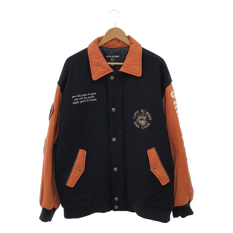 SINA COVA / シナコバ | ウール ラムレザー切替 裏地キルティング ワッペン スタジャン | 4L | ネイビー / オレンジ | メンズ