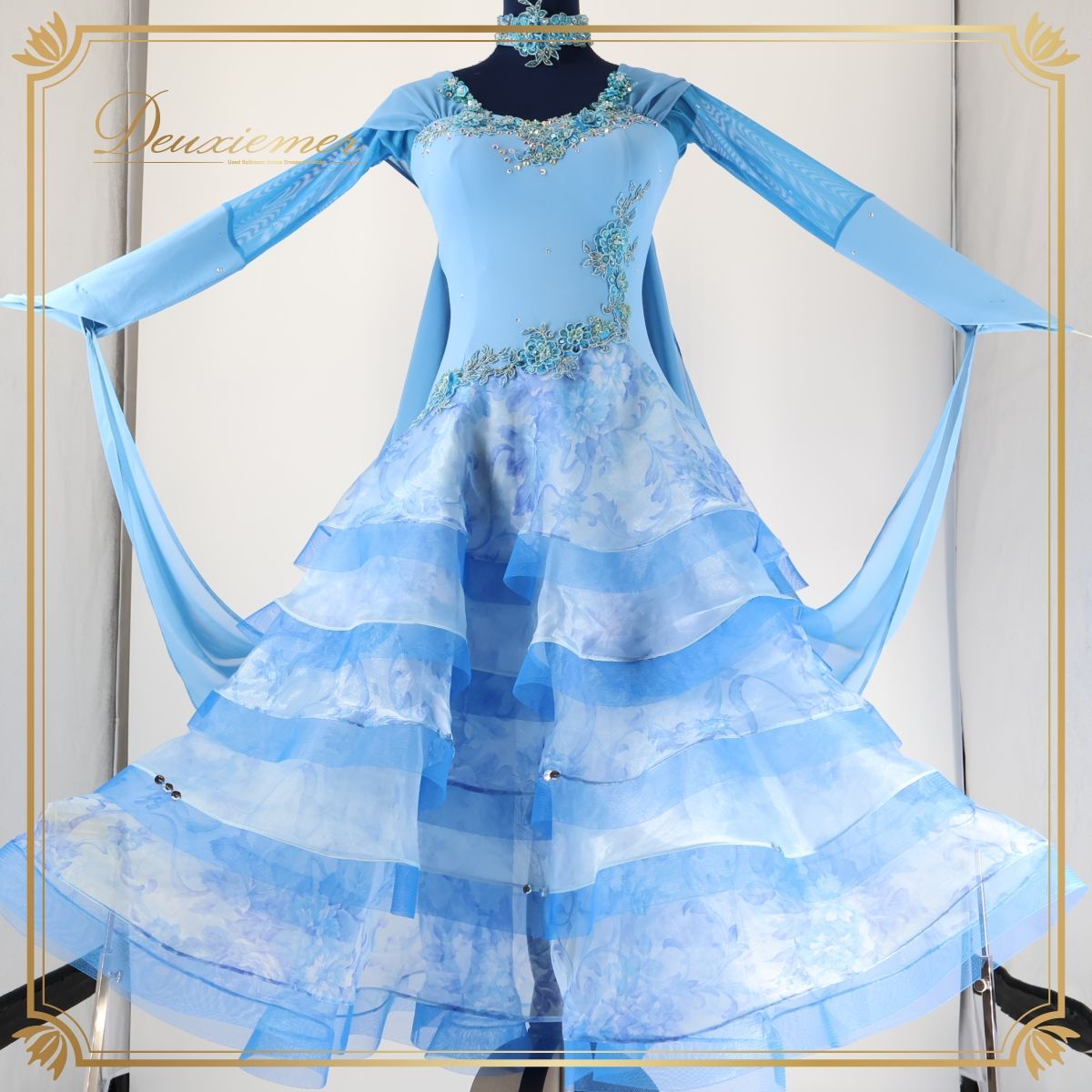 【社交ダンス衣装】ブルー leirena レイリーナ ワンピース ドレス フリル 水色 フロート 花柄 上品 綺麗 かわいい 青 長袖 社交ダンス衣装】ブルー leirena レイリーナ ワンピース ドレス