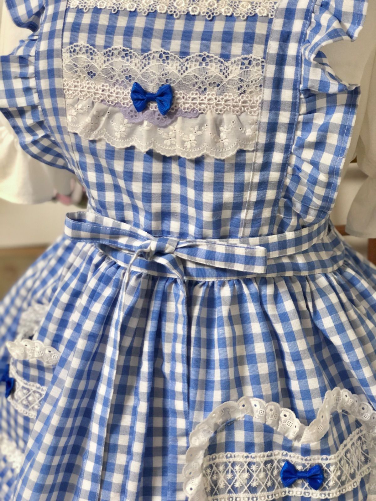 都内引取 M ブルーギンガムチェック ミニ丈 お袖どめ付 エプロンドレス