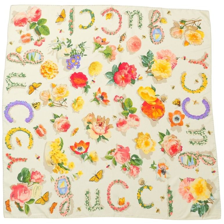 □美品□GUCCI グッチ スカーフ 総シルク 花 昆虫 総柄 バンダナ