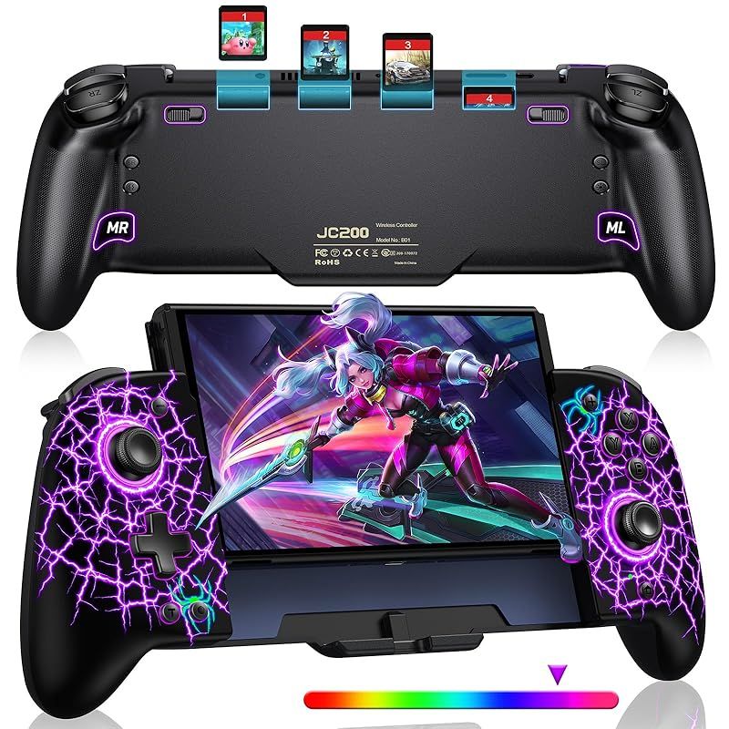 スイッチ コントローラー 8色RGBライト マクロ機能 携帯モード専用コントローラー for Switch グリップ コントローラープログラム編集機能 ジャイロセンサー搭載 振動 連射機能 無線 1000mAh大容