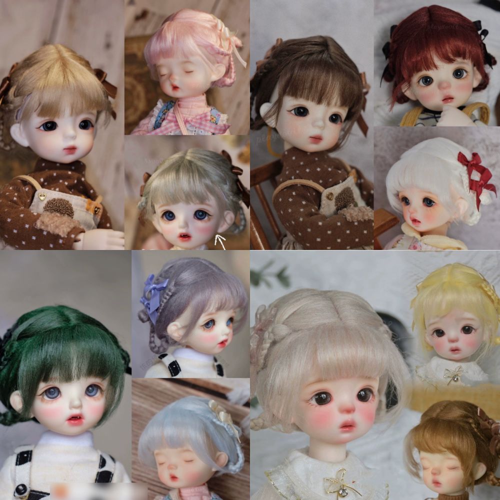 ドールウィッグ 7インチ ツインテール 三つ編み 編み込み アレンジ SD BJD かつら ロング リボン付 ホワイト ブラウン ピンク ブラウン パープル ハイトーン 1/4ドール 4分 ファイバーウール 耐